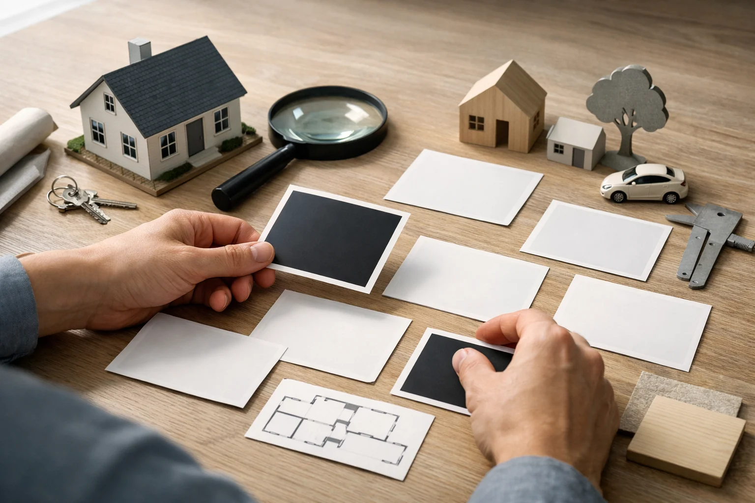 Mesa de revisão com fotos em branco, maquetes de casas e lupa